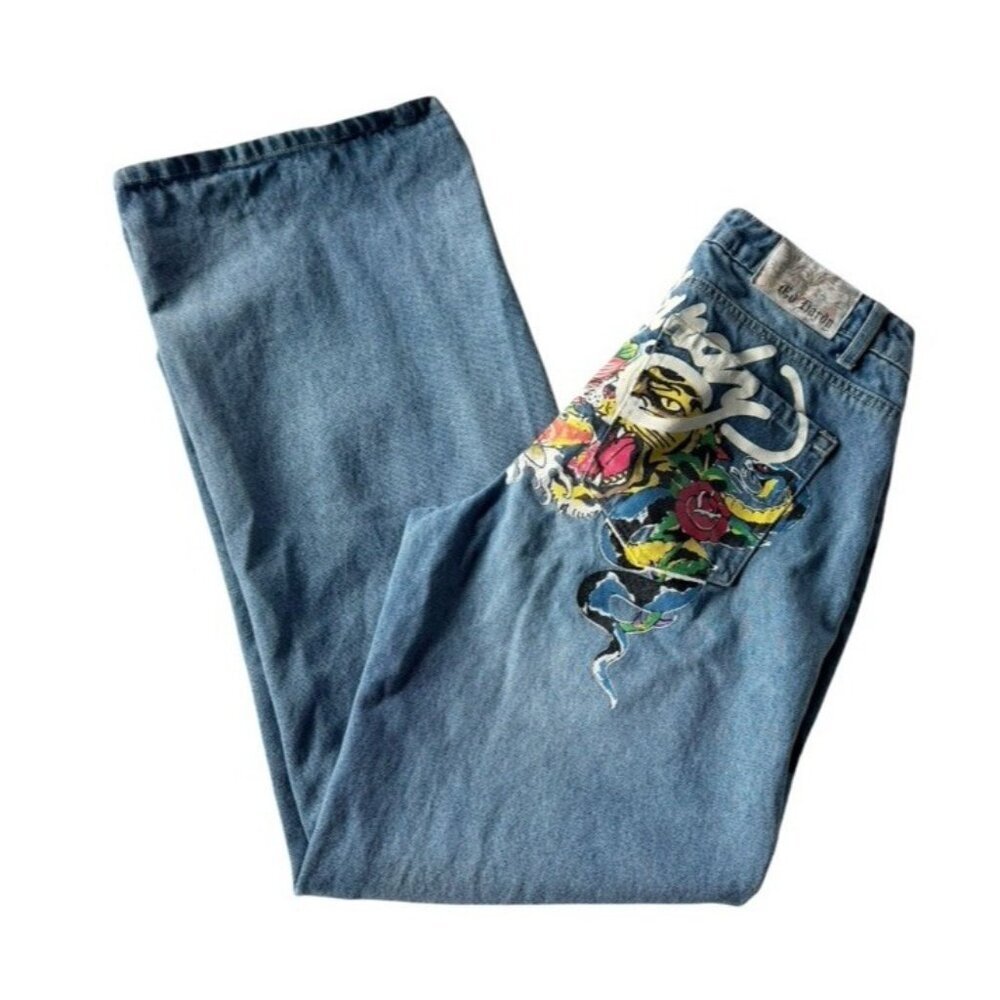 Ed Hardy Women’s Sz 30 Wide Leg Baggy Fit Tattoo Dragon Koi Snake Floral Jeans - Picture 11 of 11